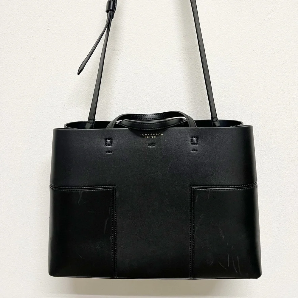 Tory Burch New York Womens Black Leather Structured Large Block T Tote